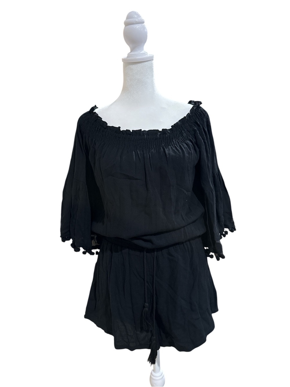 RAGA Black Off-Shoulder Pom-Pom Detail Romper